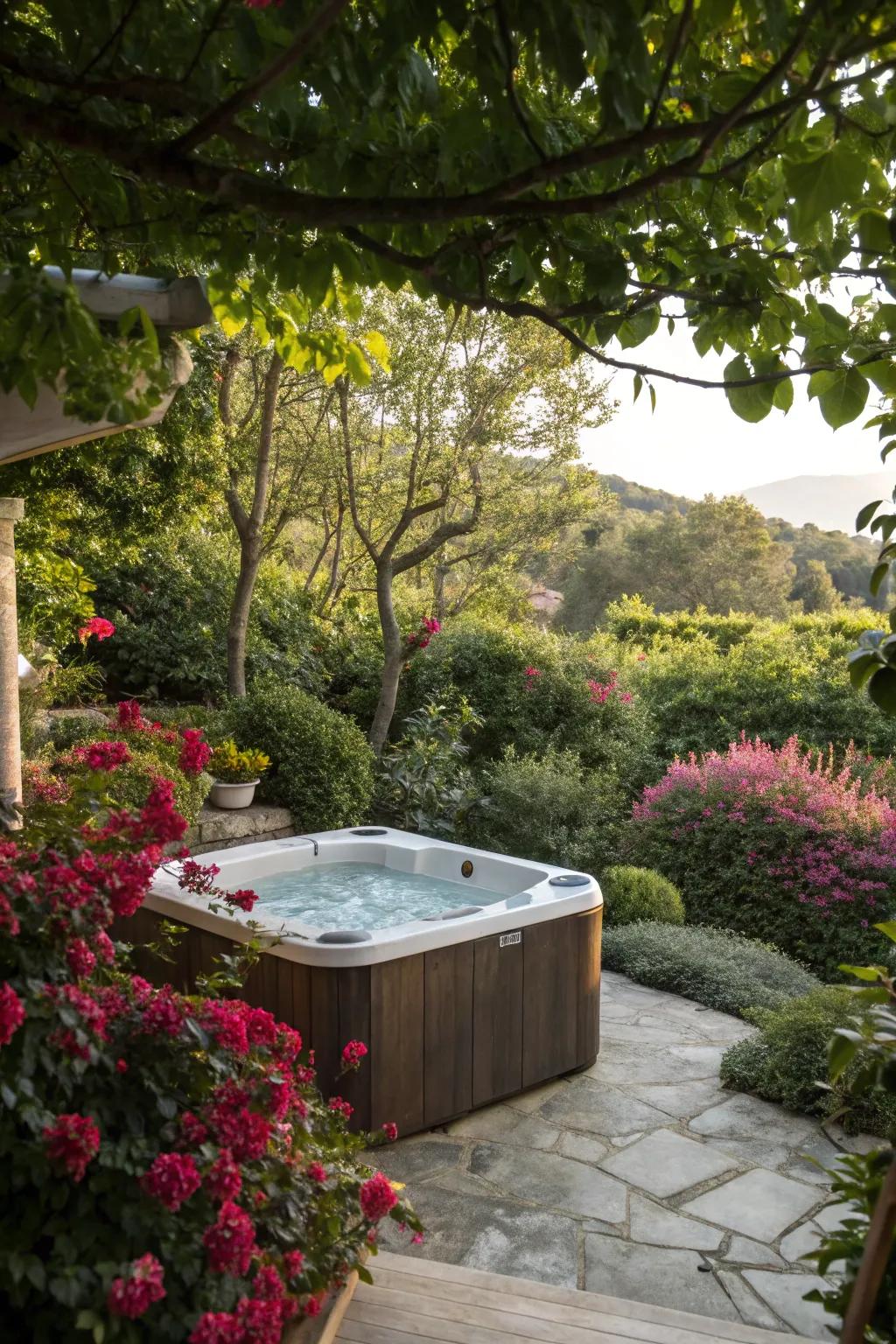 A natural setting provides a serene backdrop for your hot tub.