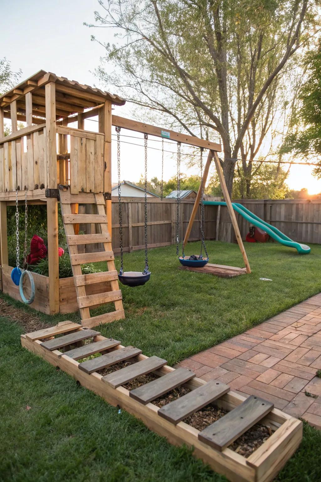 Upcycled pallet borders bringing a unique touch to a playground.