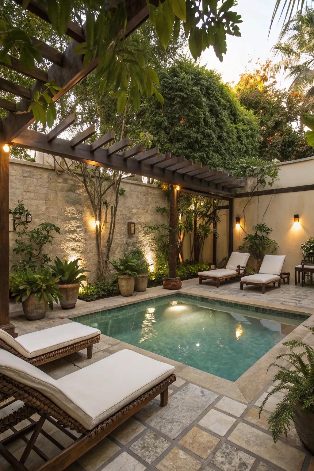 A cozy plunge pool corner with inviting lounge seating.