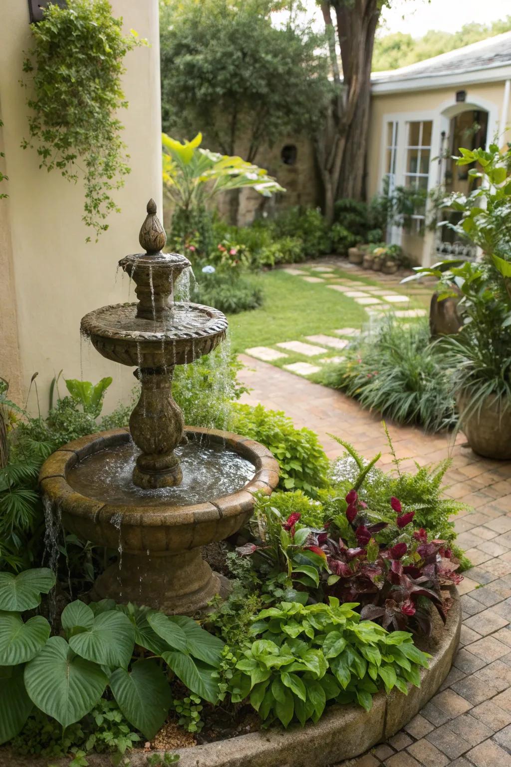 A miniature water feature brings tranquility and charm to a pocket garden.