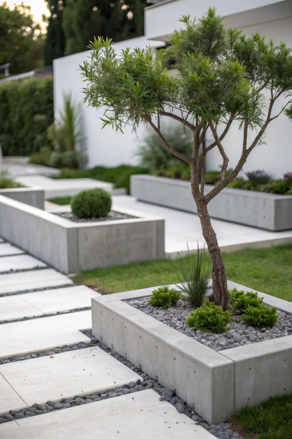Minimalist garden design featuring podocarpus and sleek materials.
