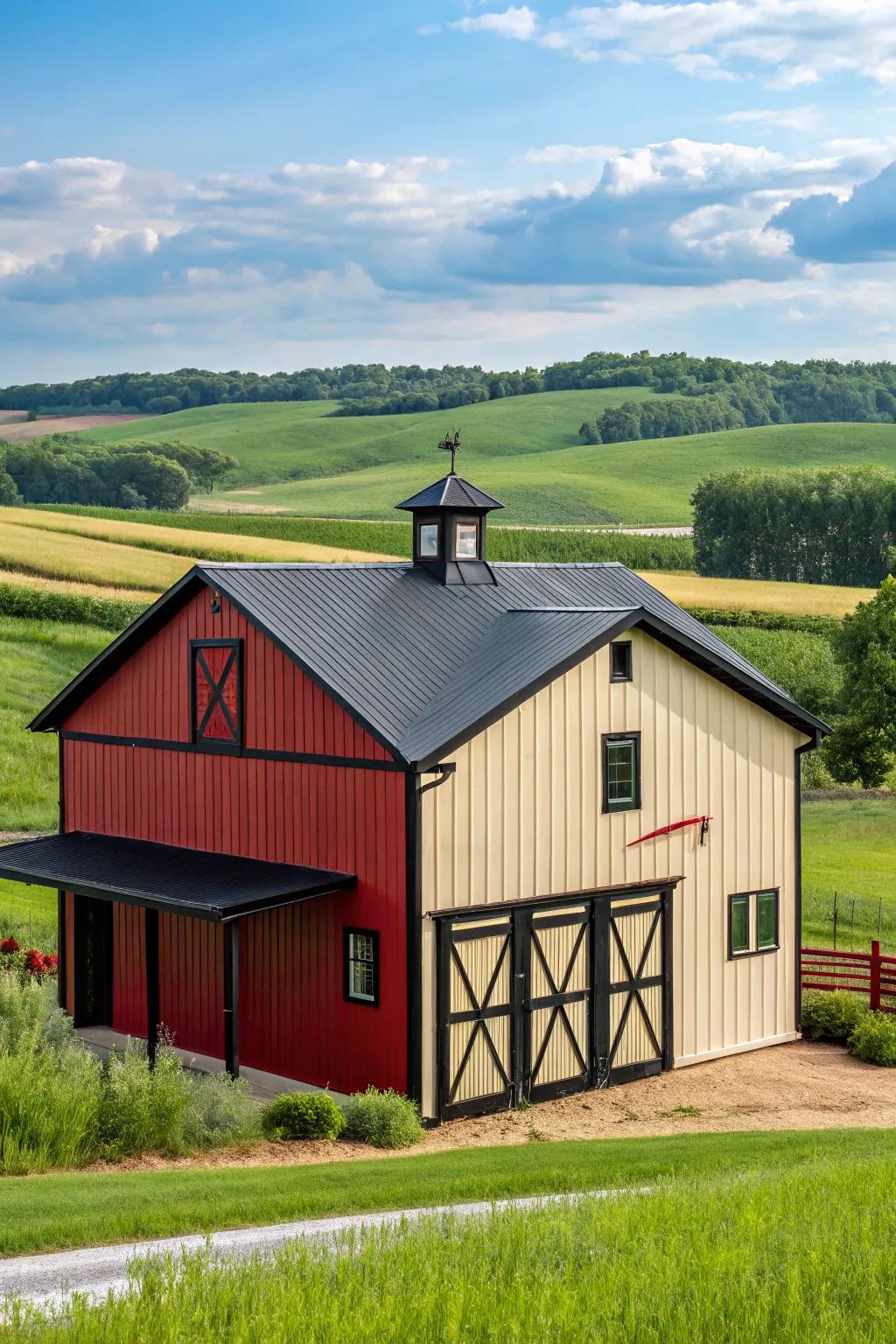 Bold color contrasts elevate the visual appeal of a pole barn.