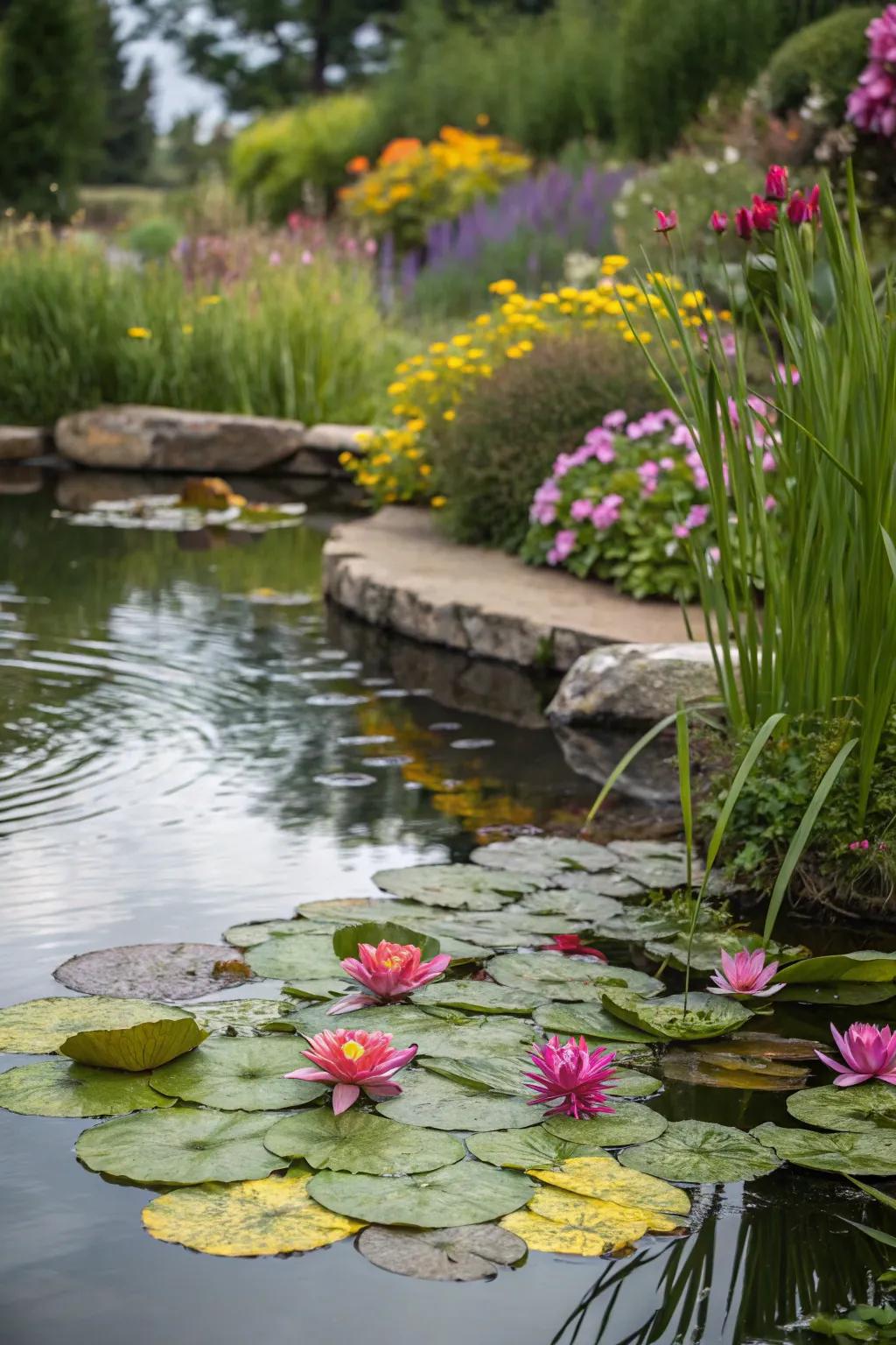 Add vibrancy to your pond with colorful plantings.