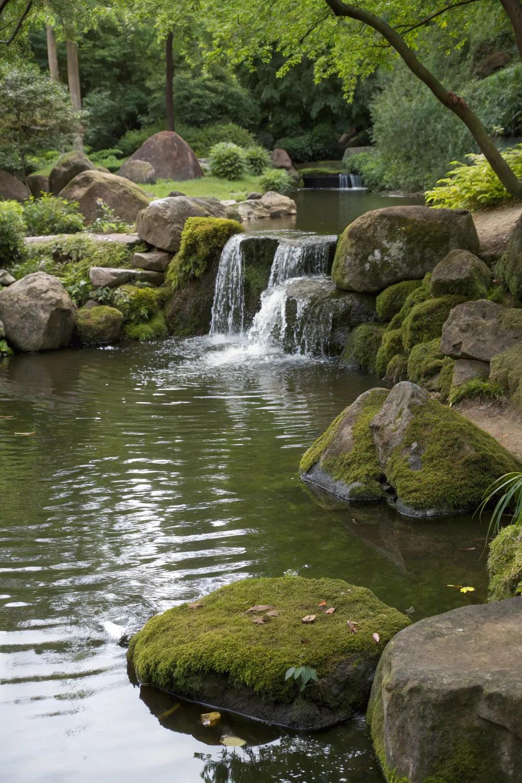 A waterfall feature adds movement and soothing sounds to your pond.