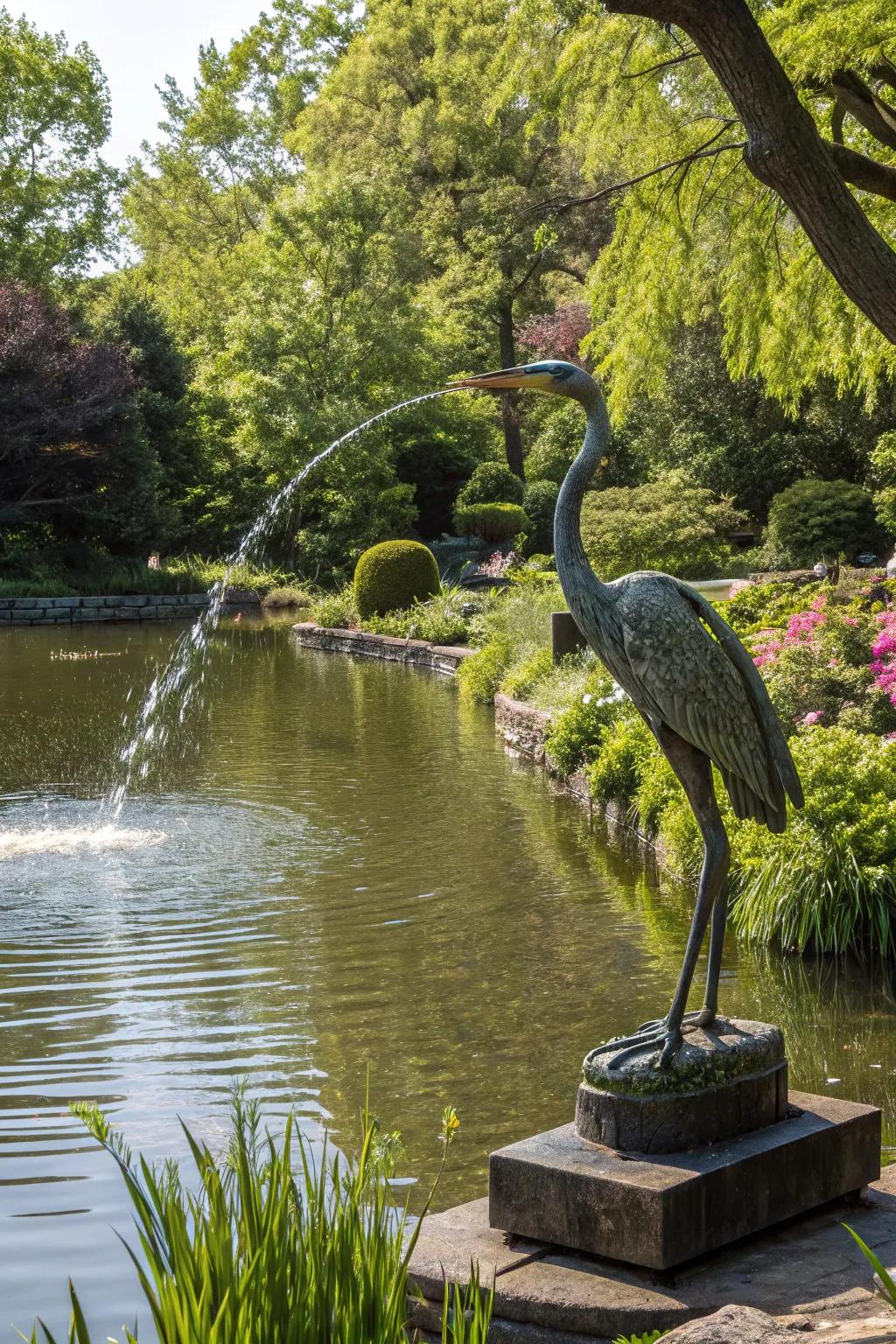 An elegant heron spitter adds sophistication and grace to your pond.