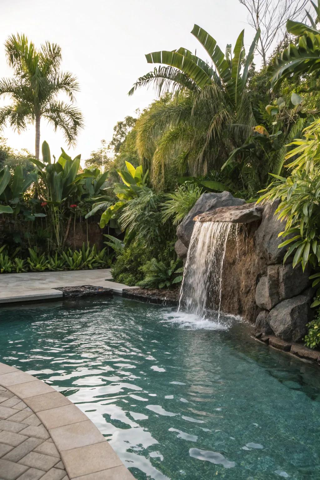Water features like waterfalls add tranquility to your pool.