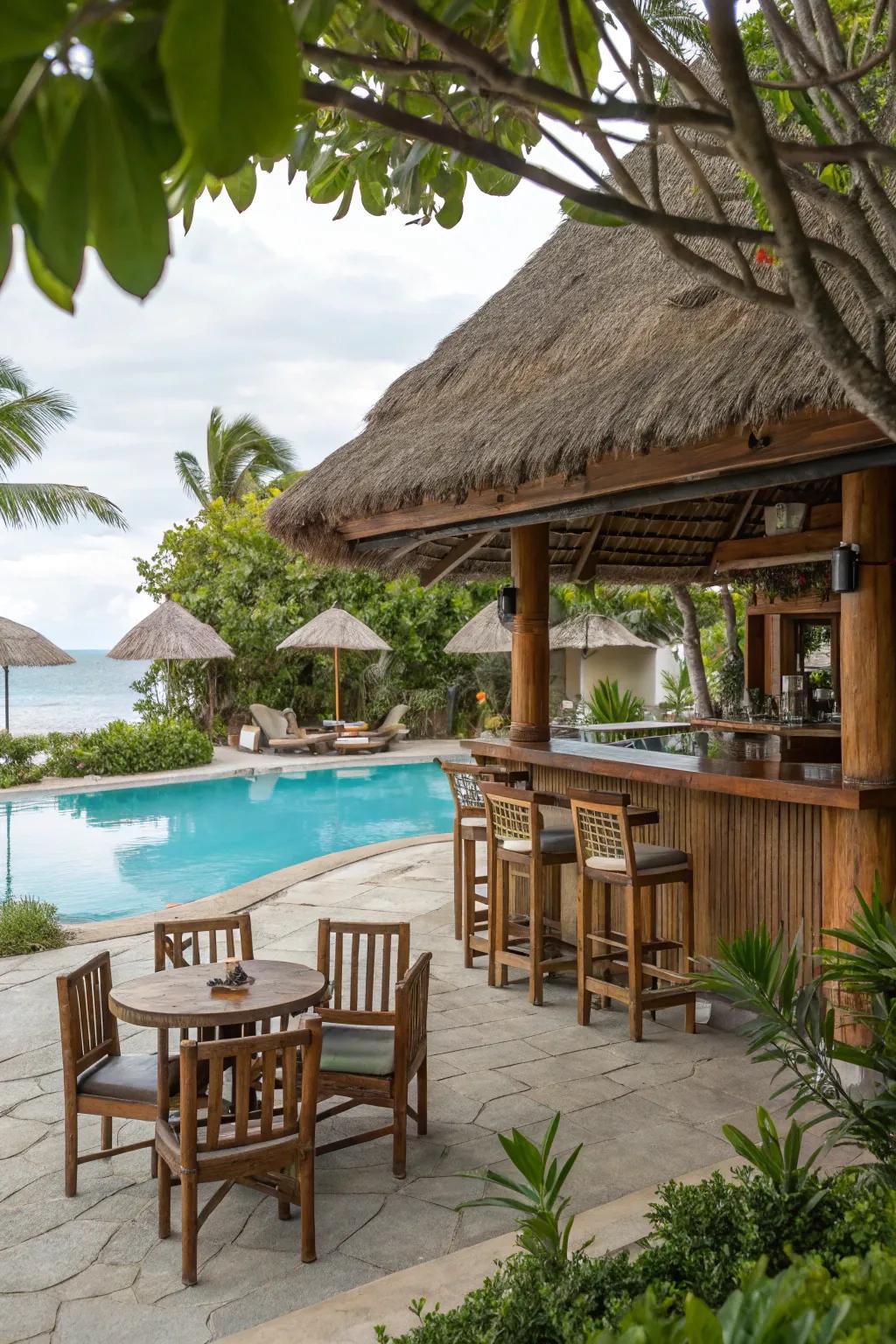 Thatched roofs offer a charming tropical vibe and shade for your pool bar.