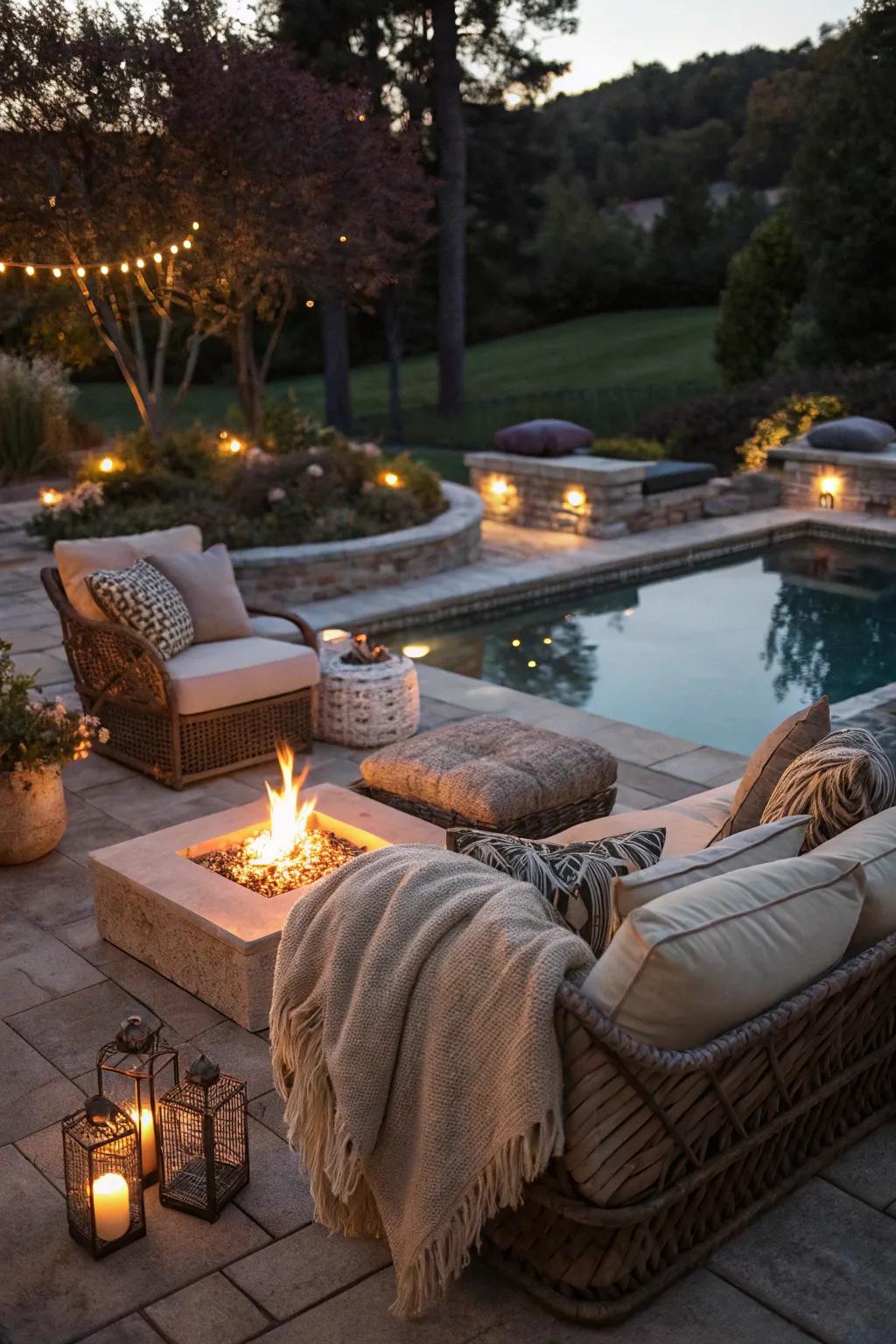 Extend your evenings with a warm fire pit by the pool.