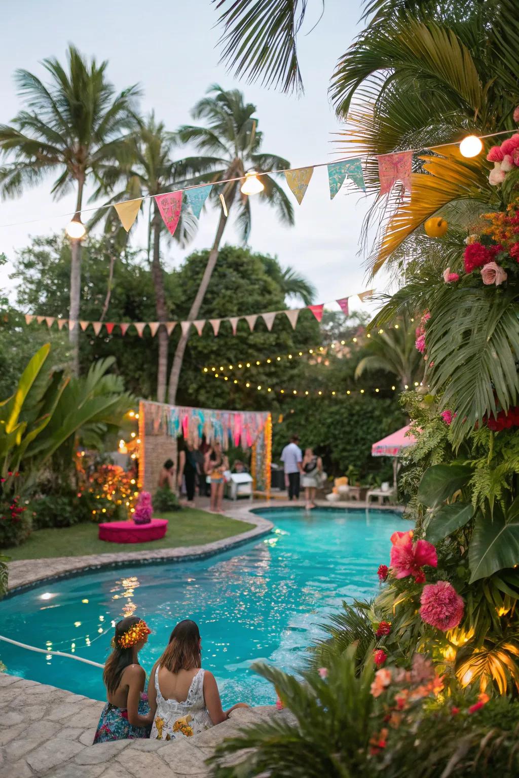 A tropical-themed pool party setup with lush decorations.