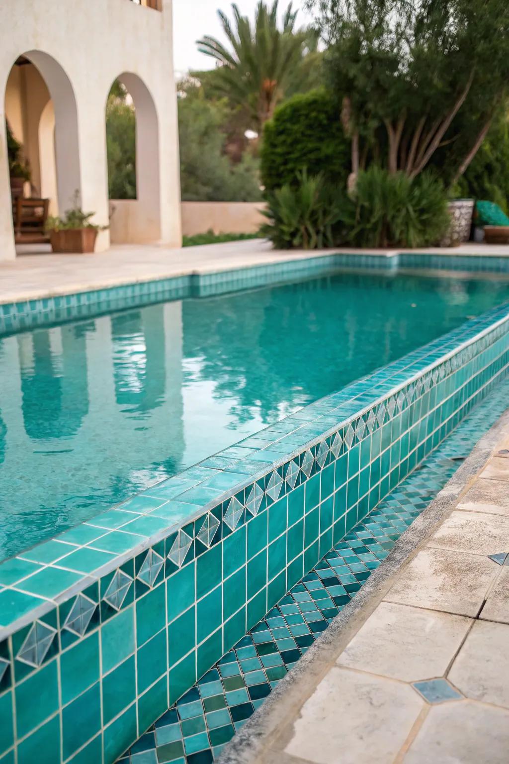 Turquoise tiles create a calming poolside environment.