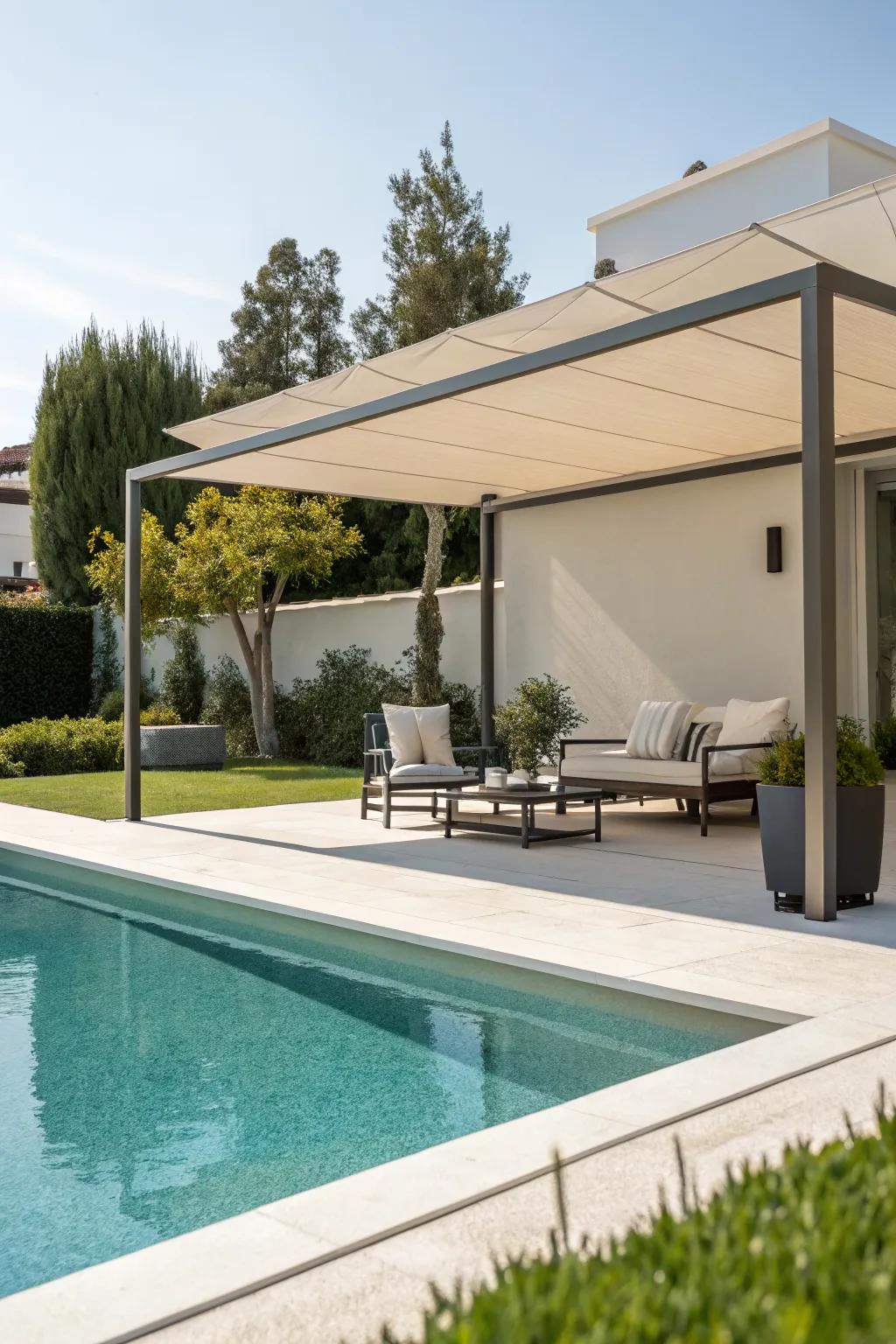 Neutral tones in a minimalist canopy create a serene poolside atmosphere.