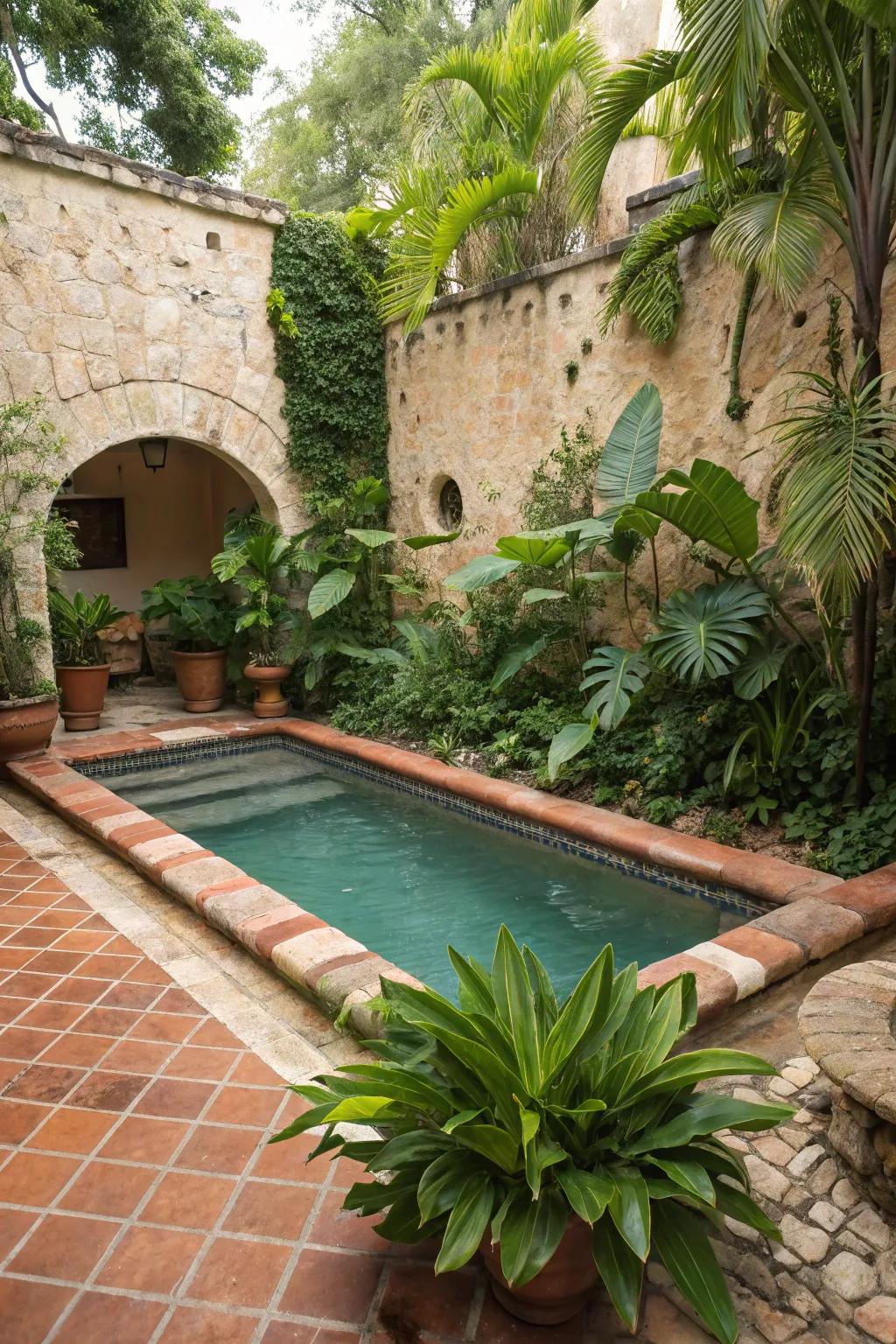 Terracotta coping exudes a warm Mediterranean charm.