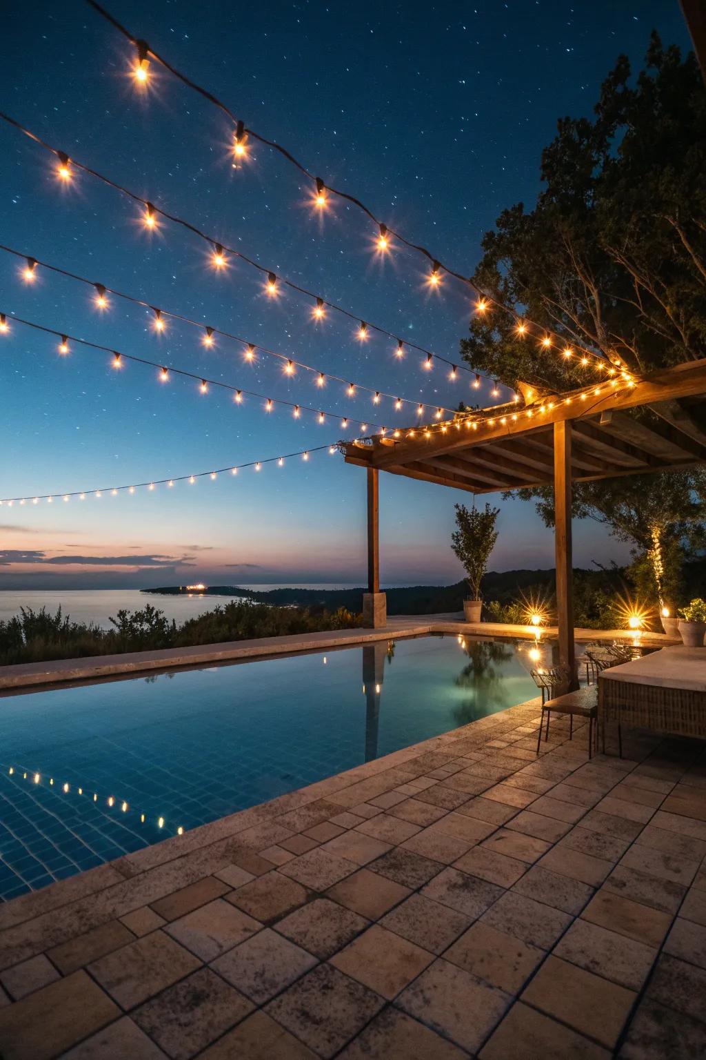 A pool deck illuminated by warm string lights at night.