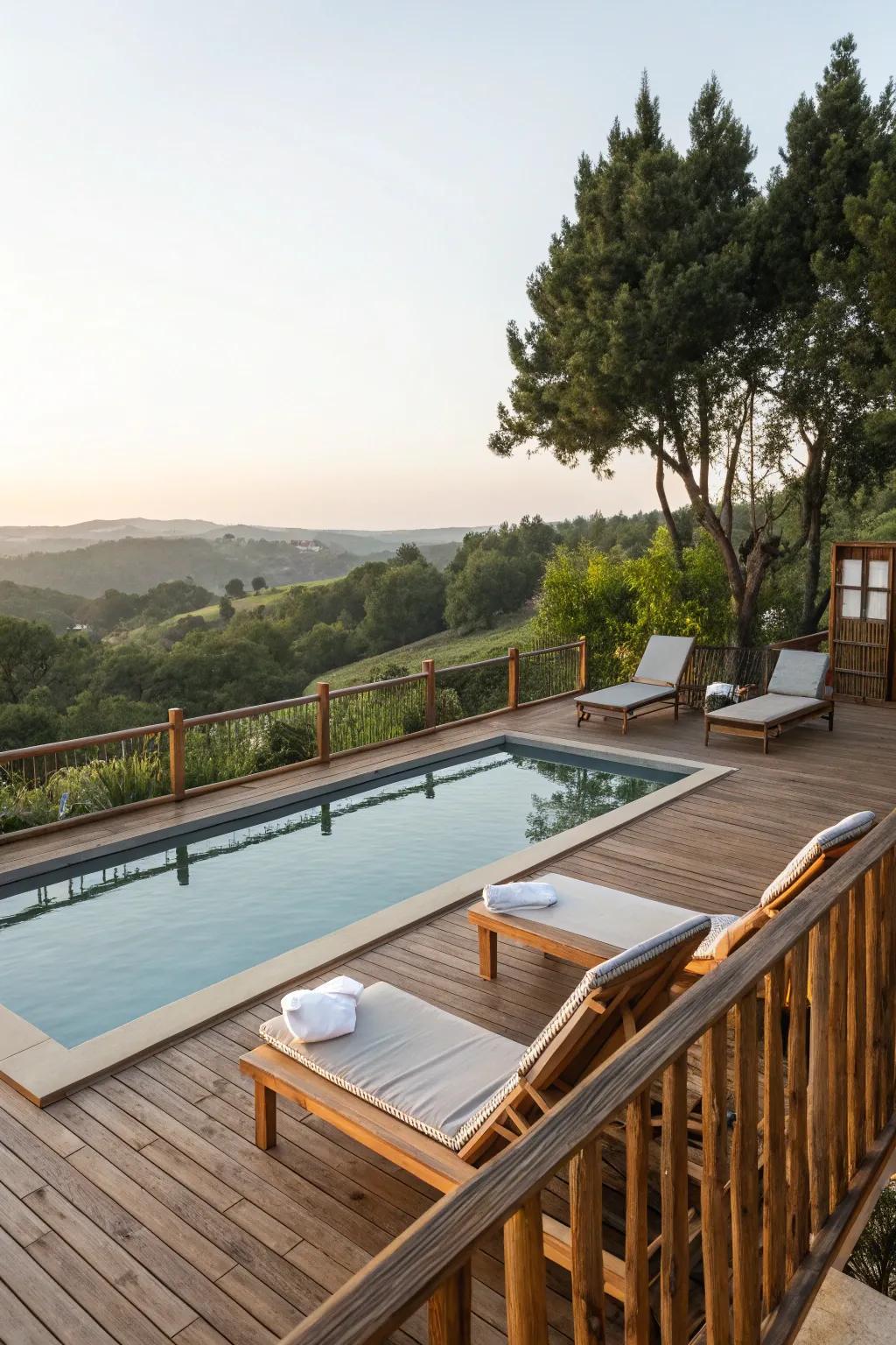 An elevated pool deck offering a unique perspective and elegant lounging space.