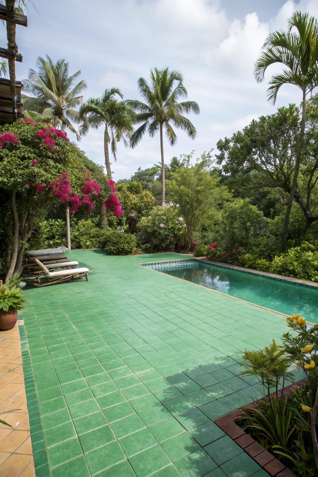 Earthy greens seamlessly integrate your pool deck with nature.