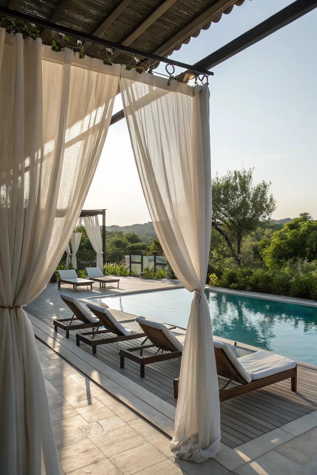 Outdoor curtains add a touch of elegance and privacy.