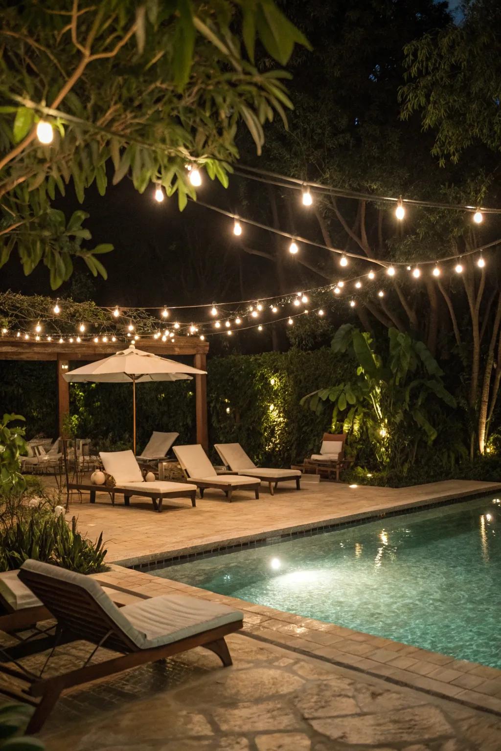 Enhance your pool's ambiance with string lights for evening swims.