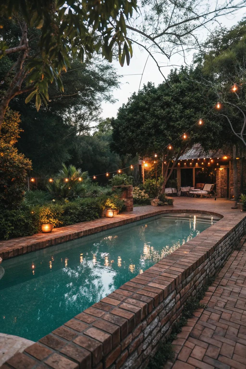 Brick edging for a cozy, traditional poolside.