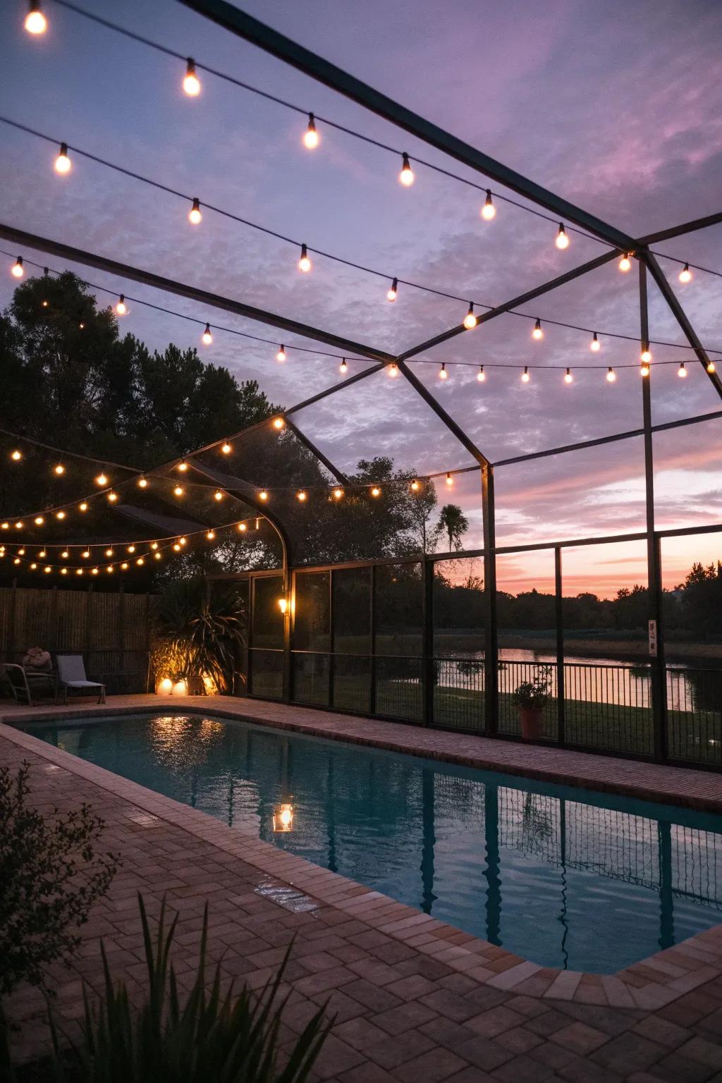 Ambient lighting can transform your pool enclosure into a charming evening retreat.