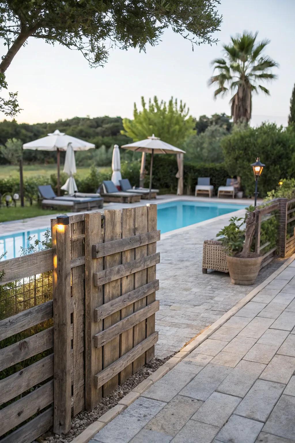 Rustic charm with a DIY pallet wood pool fence.