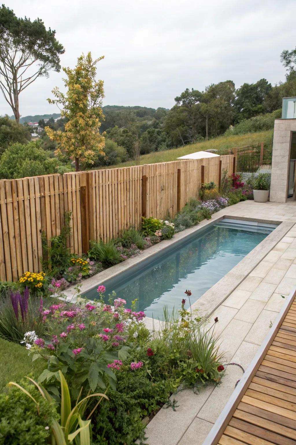 Wooden fences provide a warm and inviting atmosphere, perfect for a natural poolside retreat.