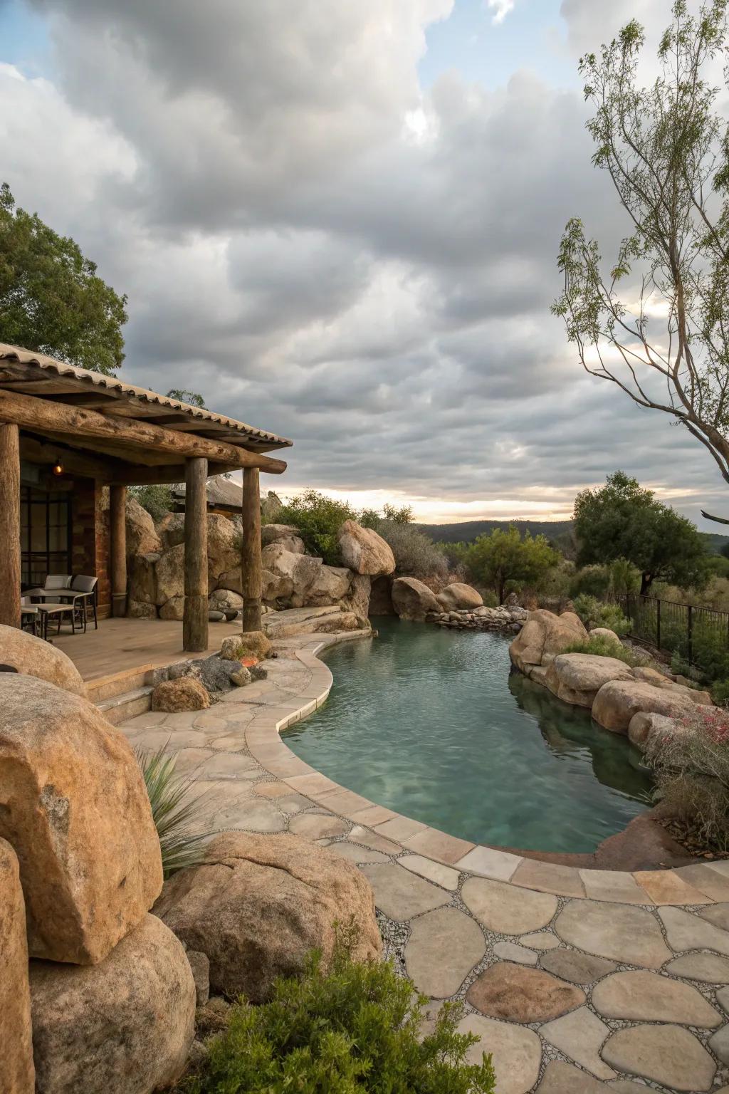 Natural stone elements add rustic elegance to your pool garden.