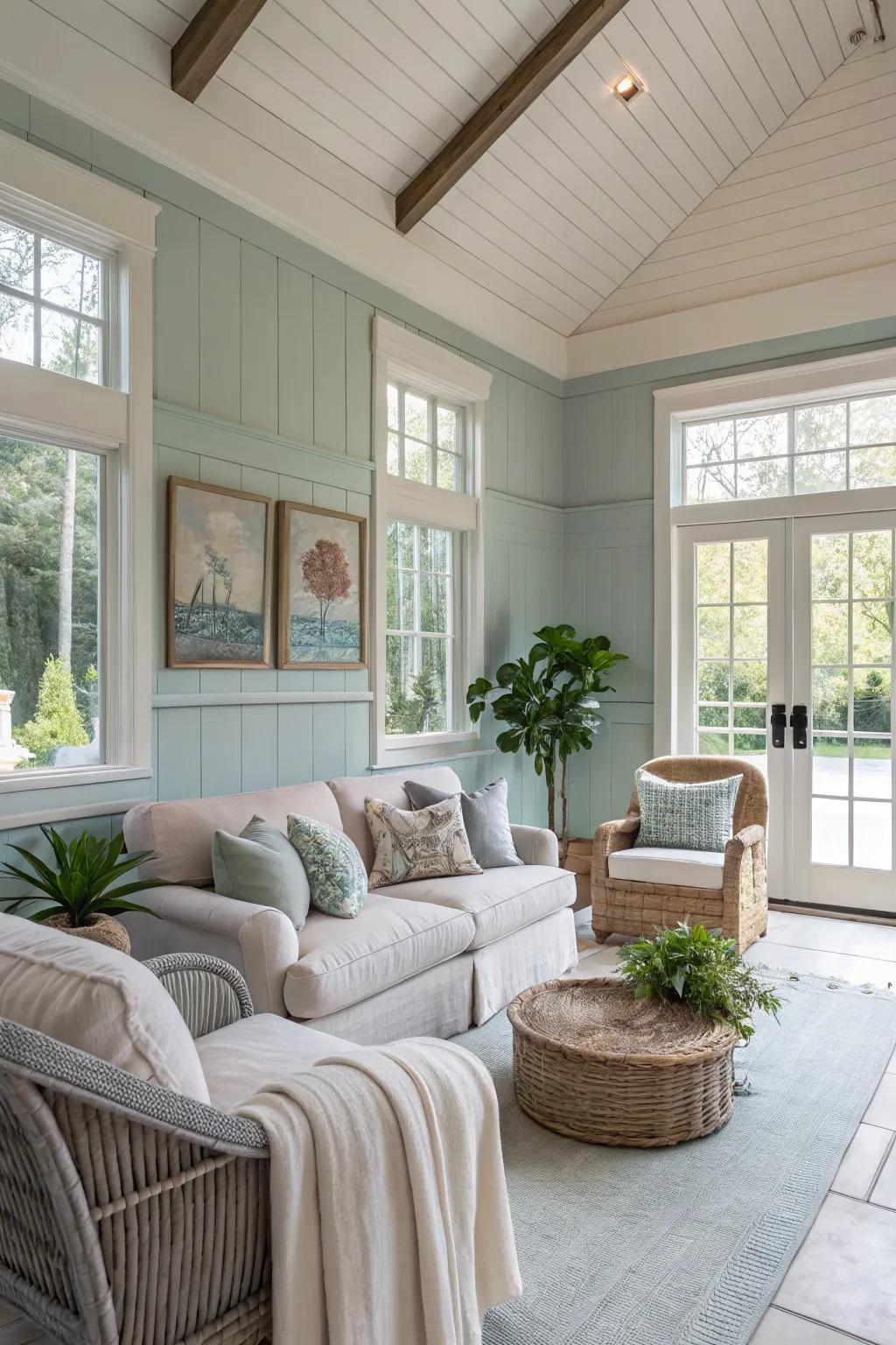 A calming neutral palette sets a relaxing tone in this pool house.