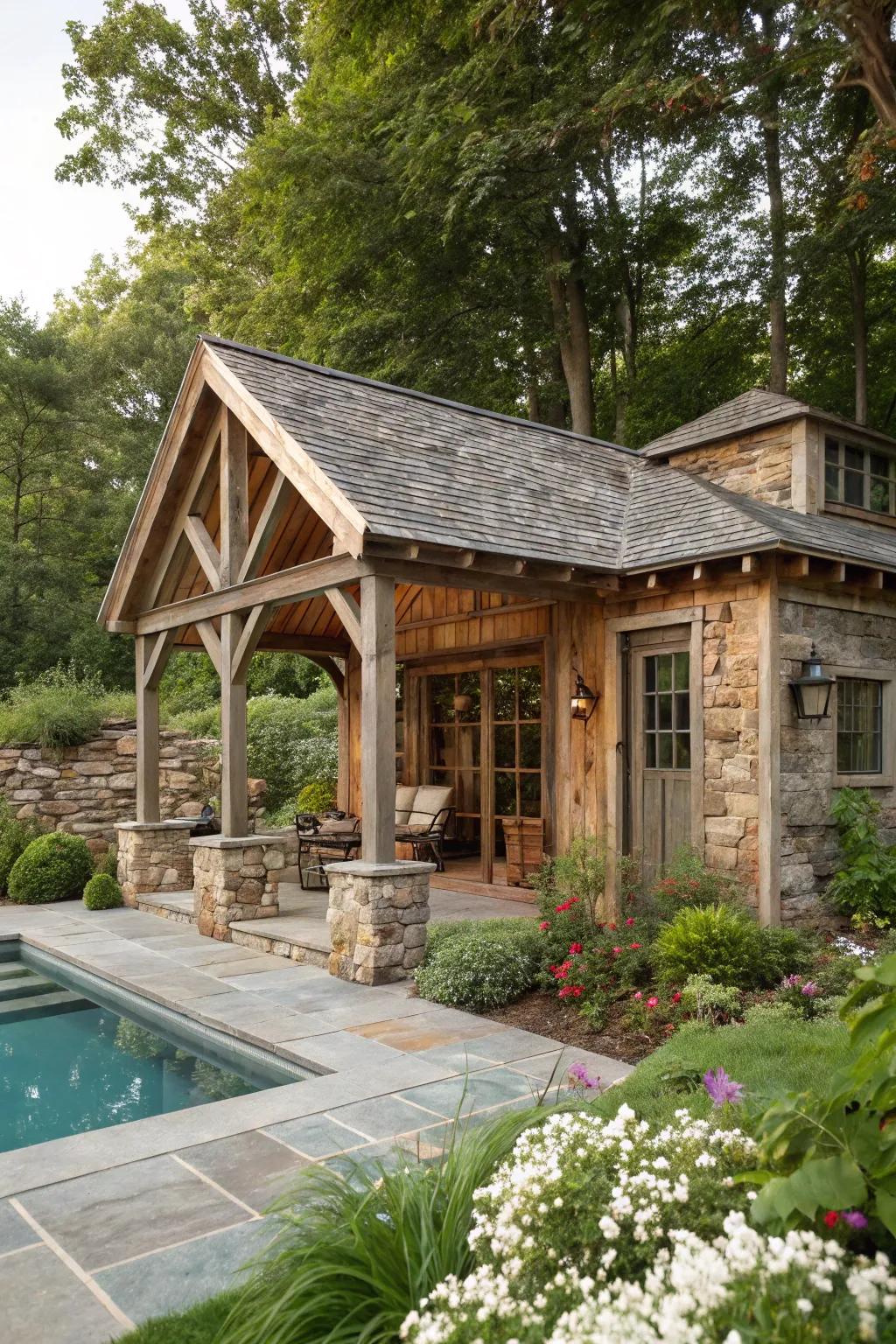 A rustic retreat by the pool, perfect for nature lovers.