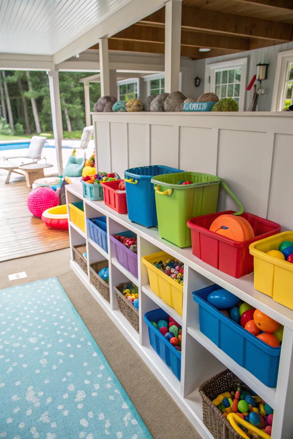 Cubbies and bins make organizing pool toys a breeze.