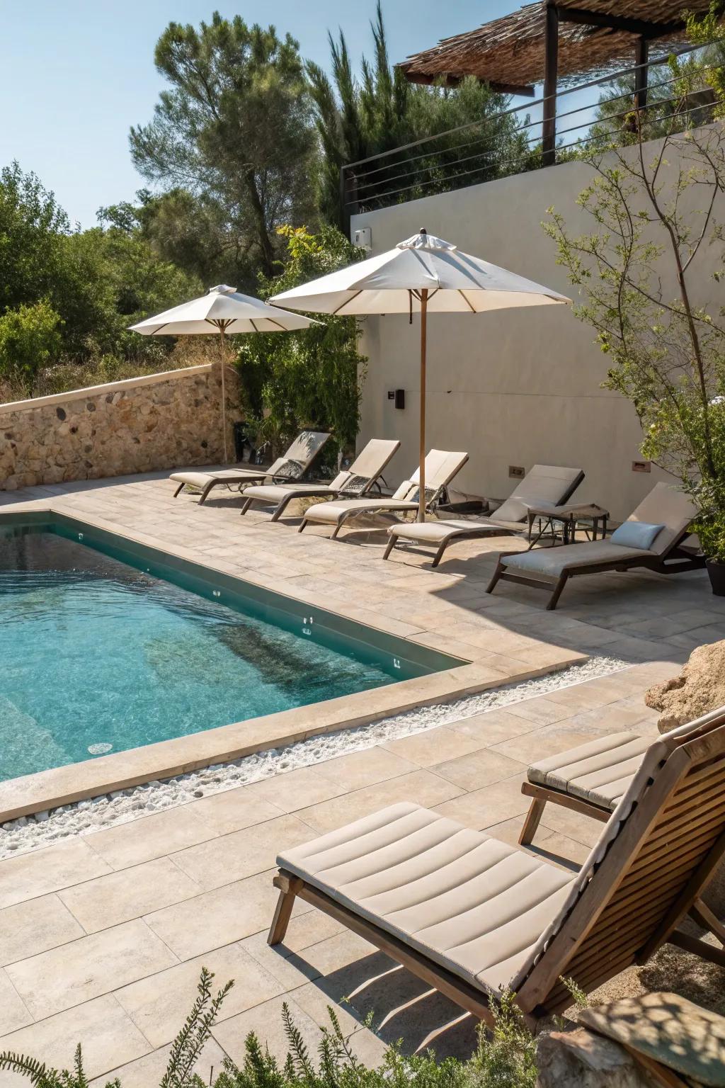 A small pool featuring a tanning ledge for sunbathing.