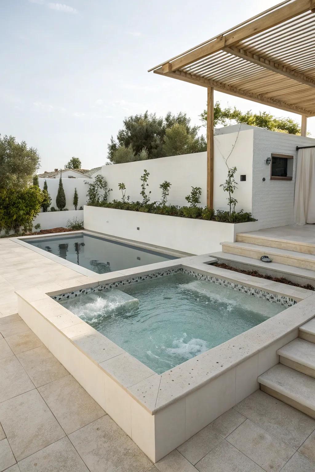 A minimalist pool and jacuzzi featuring clean lines and a simple design.