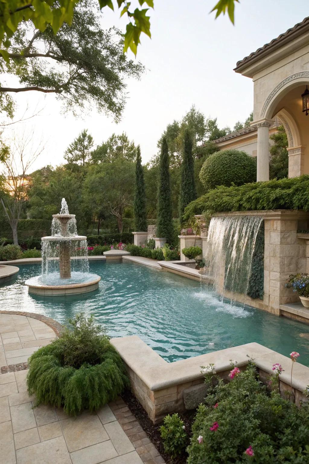 Add a touch of elegance and relaxation with water features around your pool.