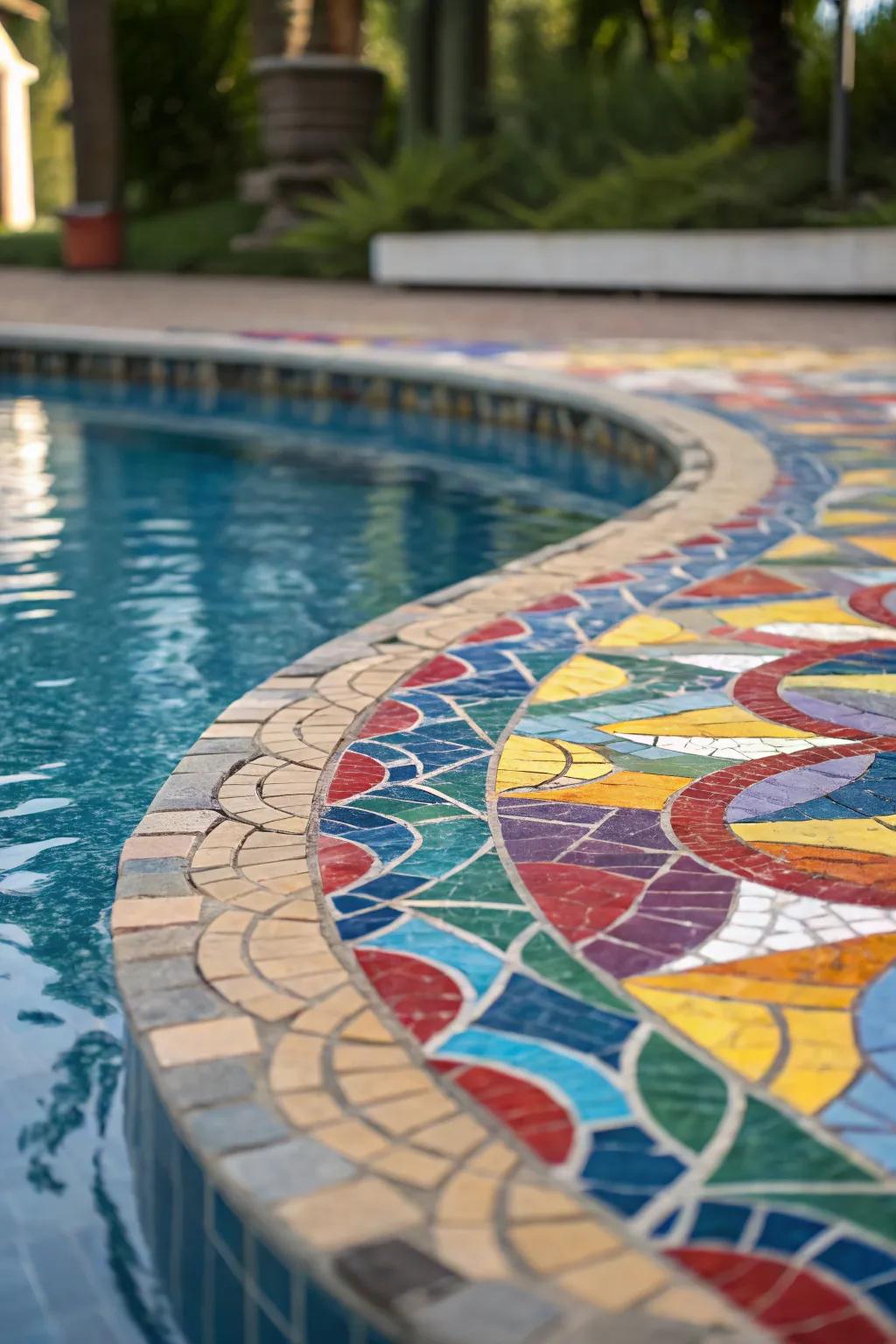 Modern and eye-catching abstract mosaic patterns in a pool setting.