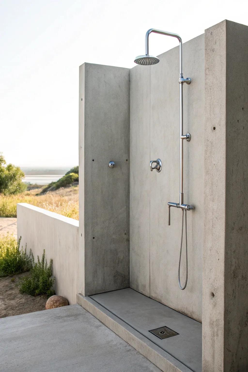 Sleek and modern, this minimalist shower is a poolside gem.