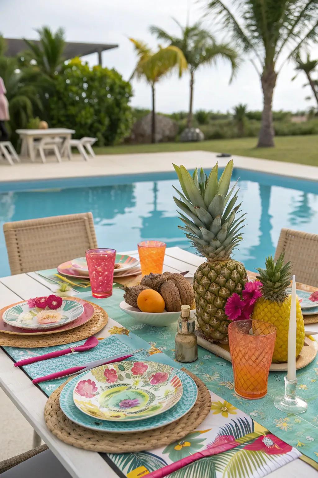 A poolside table setting with tropical-themed tableware.