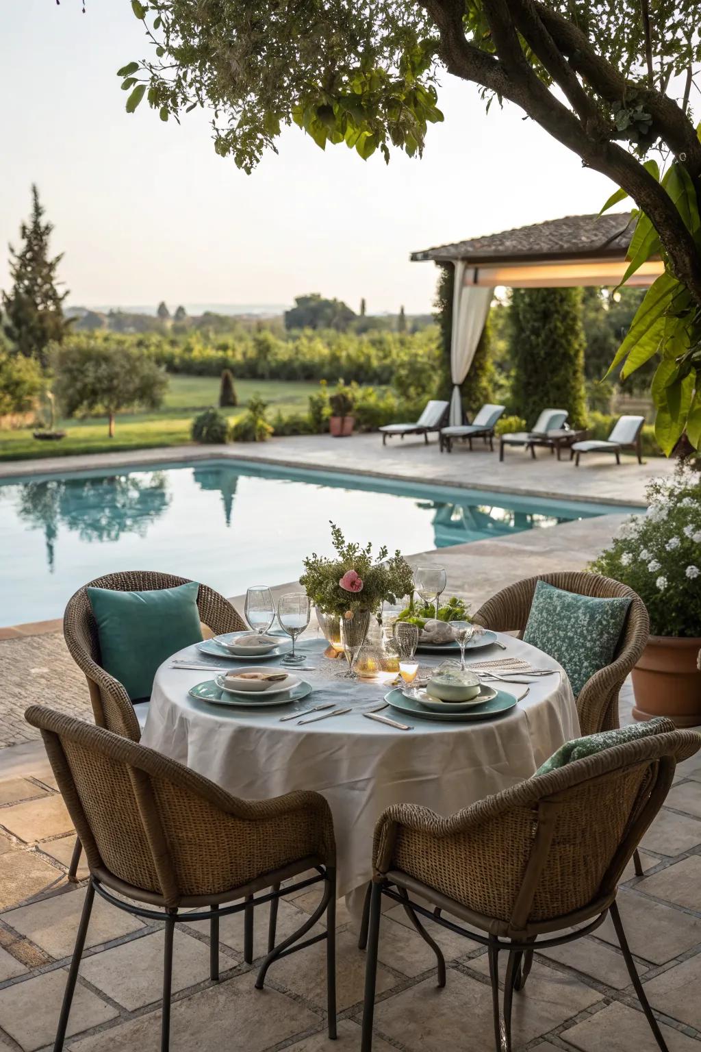 Host delightful dinners by the pool with a dedicated dining area.