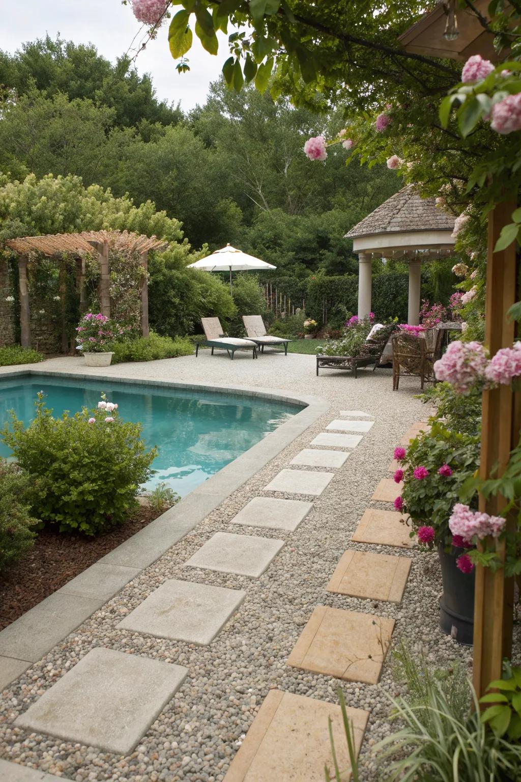Gravel and paver pathways create a chic and affordable patio layout.