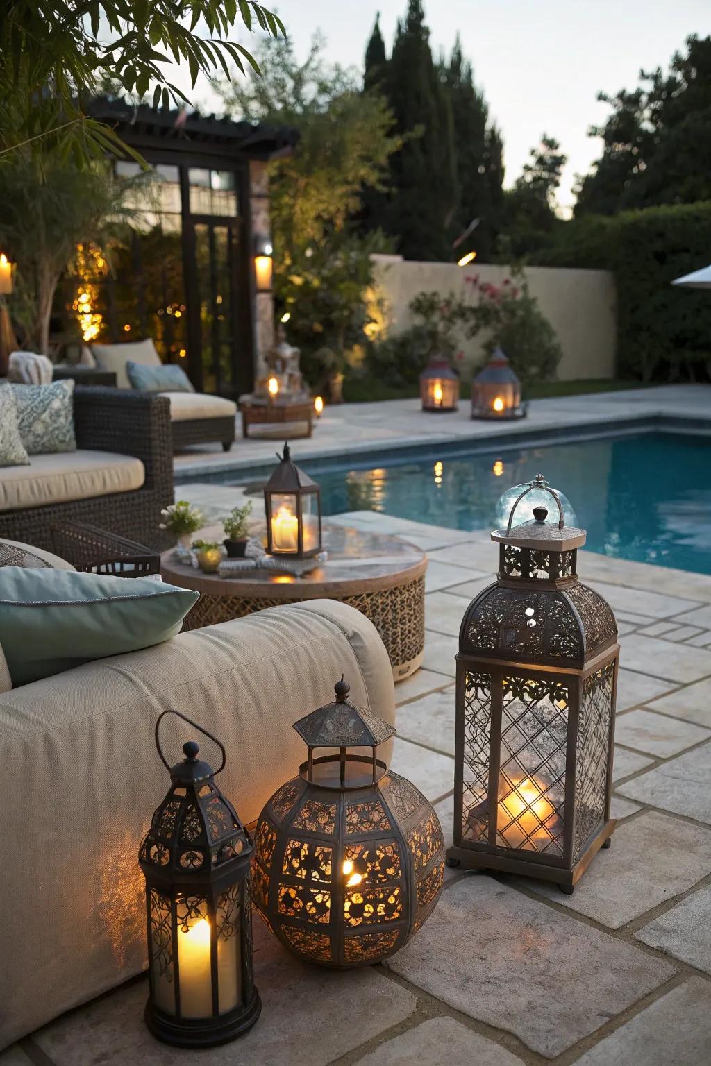 Lanterns bring a timeless elegance to poolside gatherings.