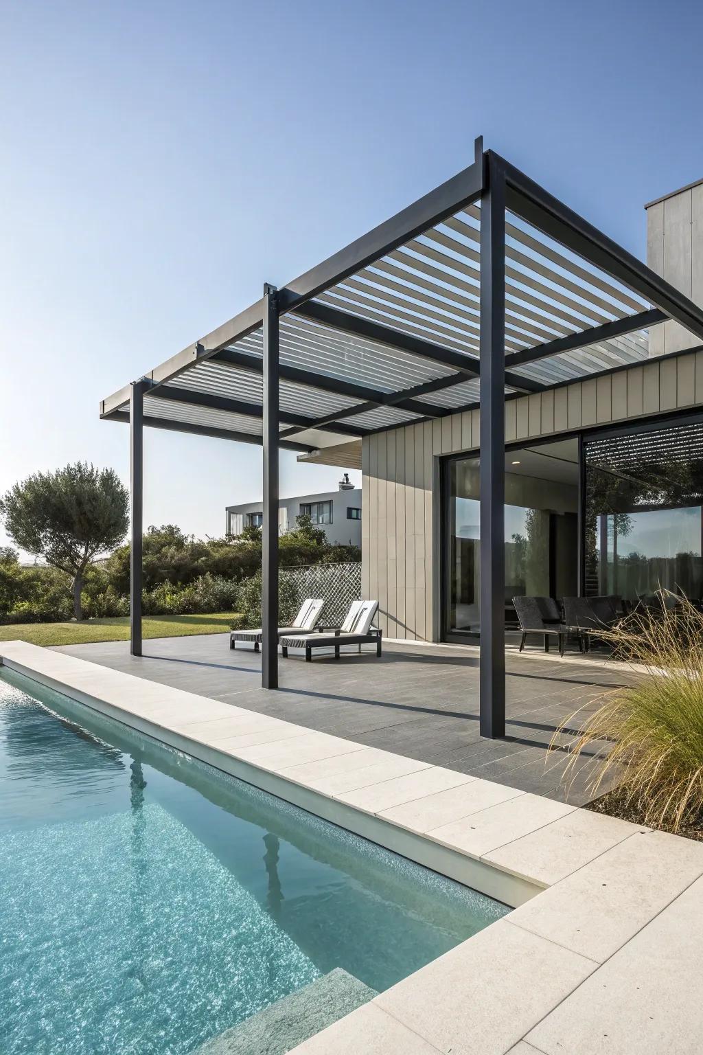 A sleek metal pergola enhancing a modern poolside area.