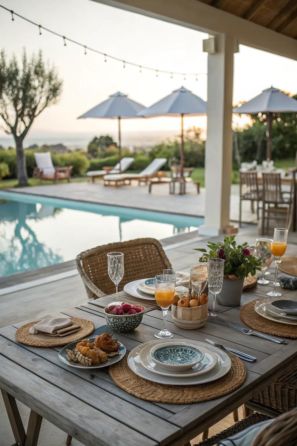 An elegant dining setup on a poolside porch.