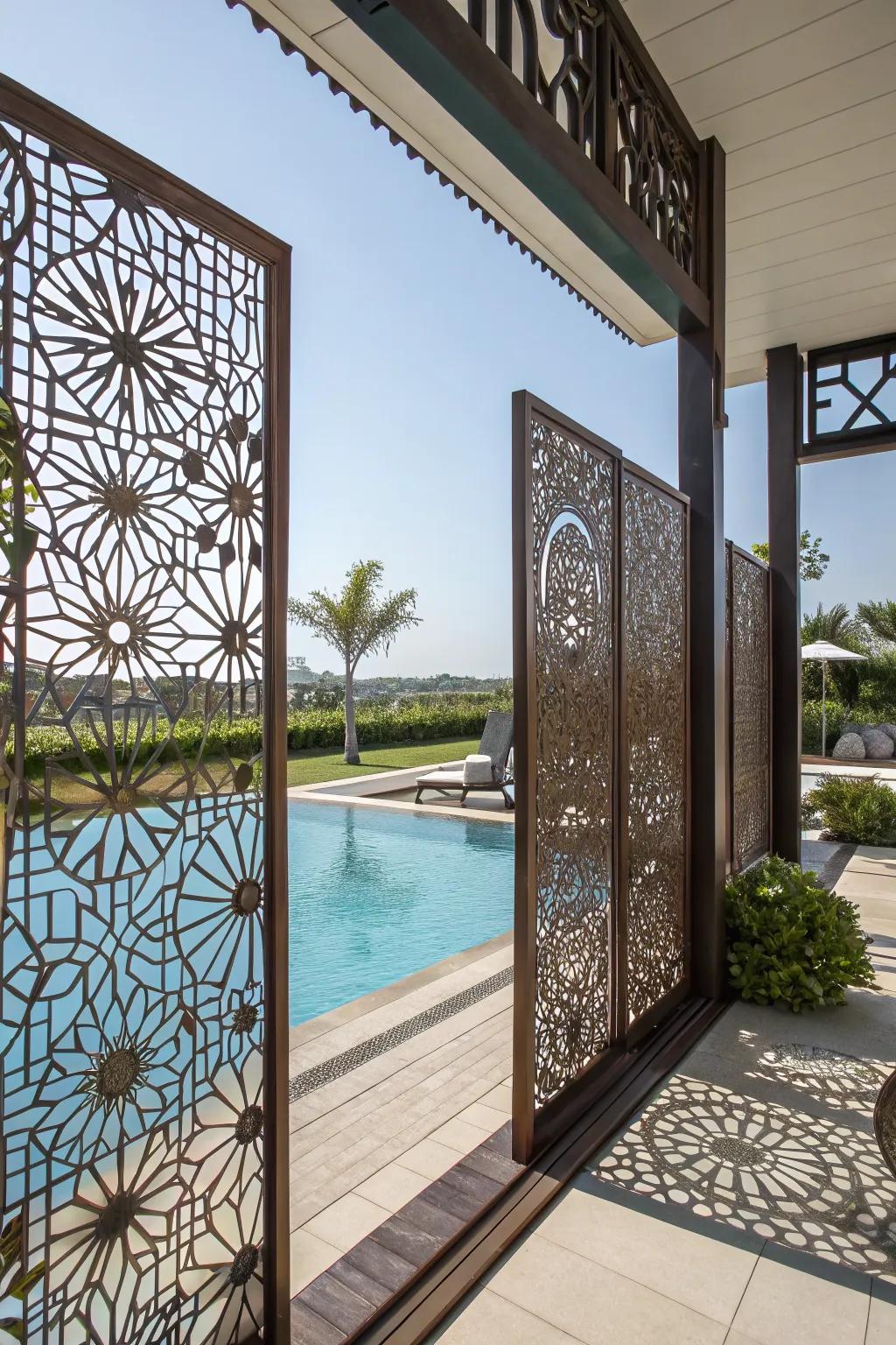 Artistic screens add a touch of elegance and privacy to your pool space.