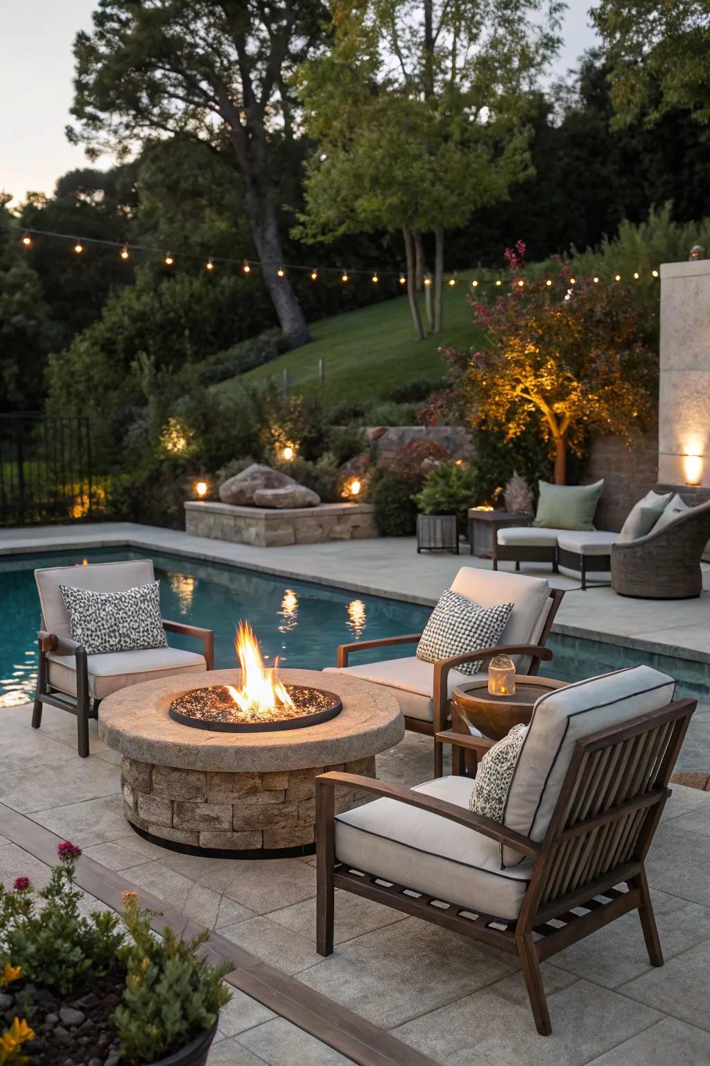 Cozy up your pool area with inviting fire features.