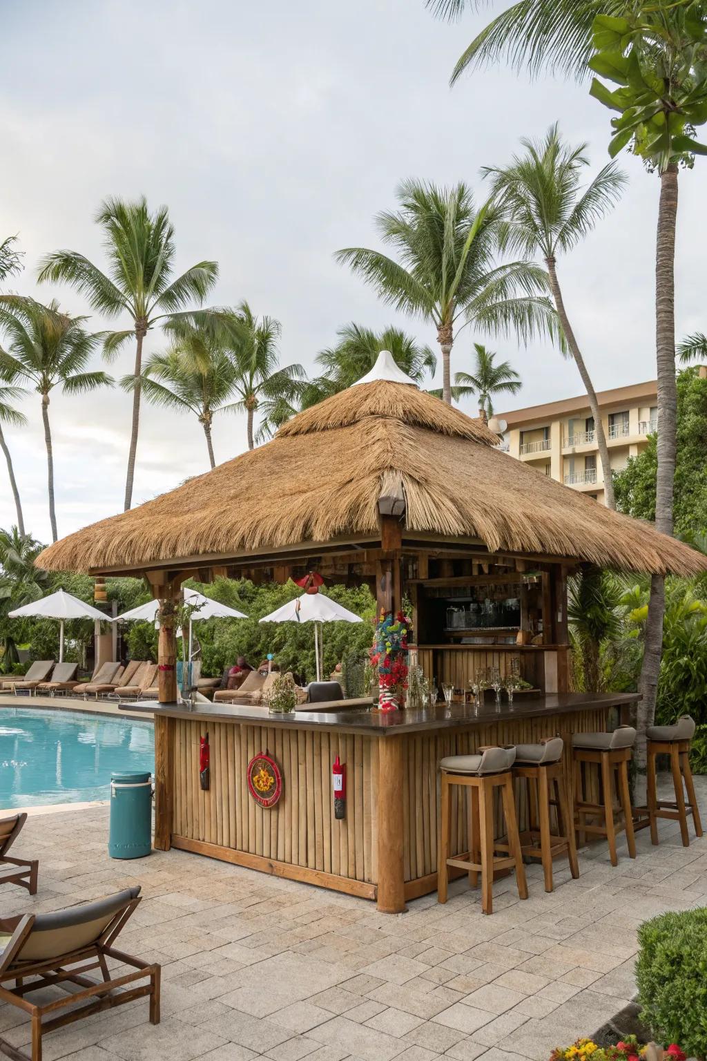 A tiki bar adds a tropical touch to your poolside.