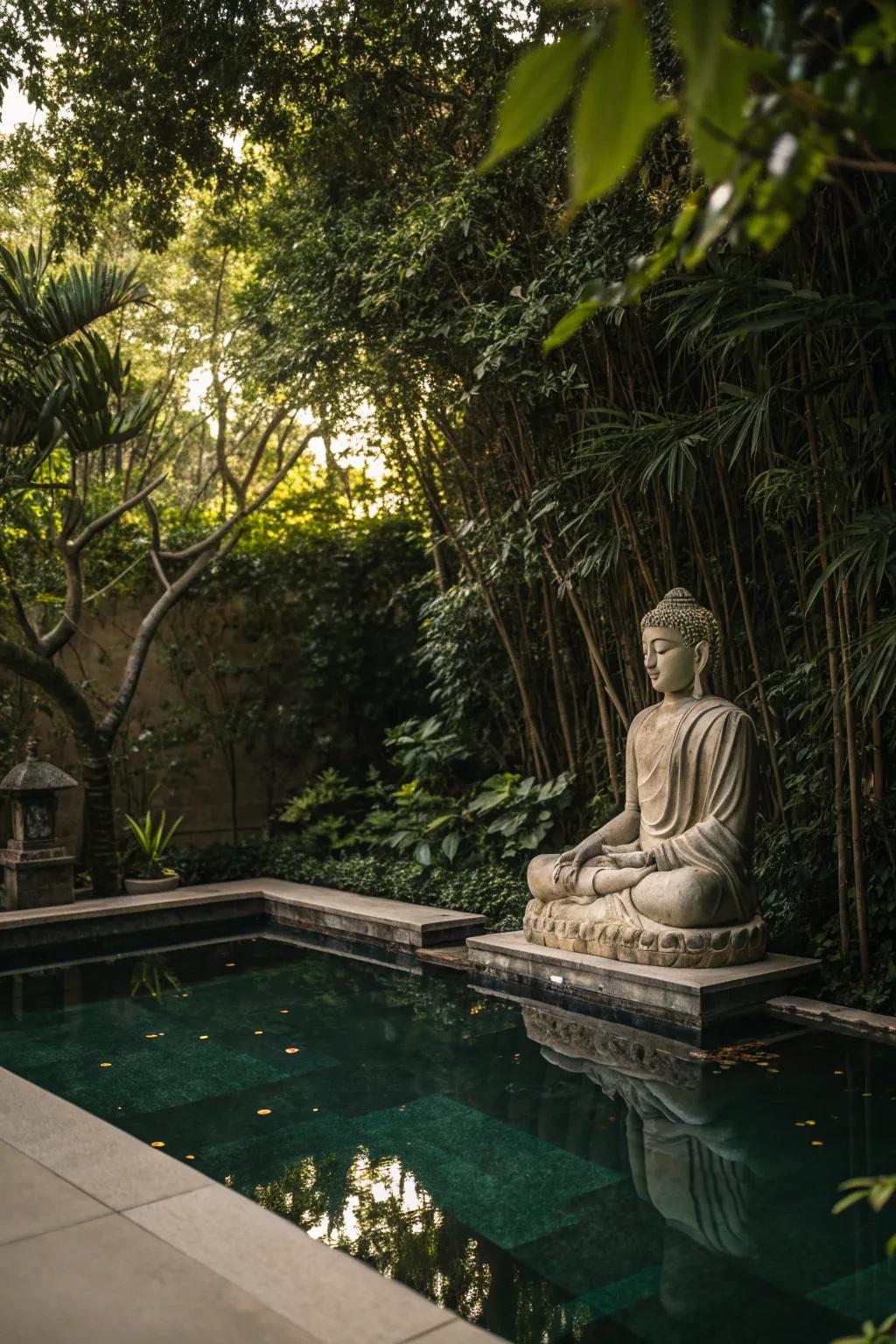 A Buddha statue adds tranquility to a lush poolside setting.