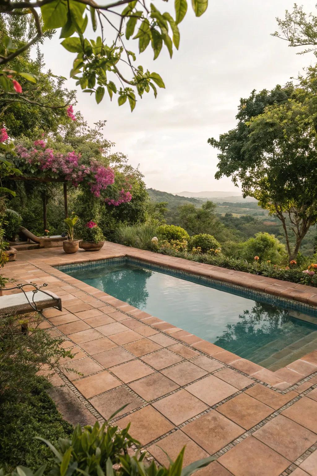 Pool surrounded by lush garden greenery and earth-toned tiles.