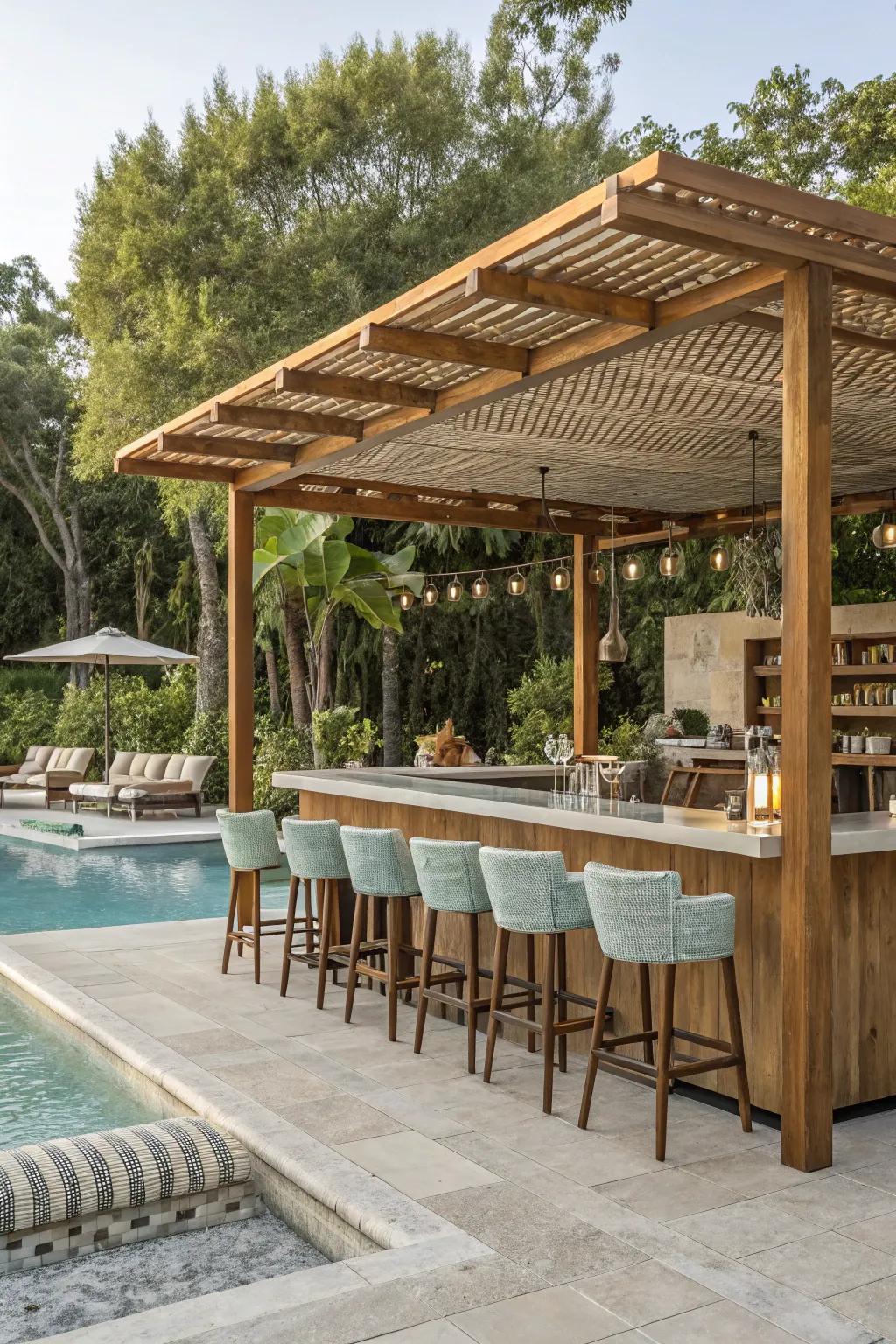 Stay cool and stylish with a pergola-shaded pool bar.