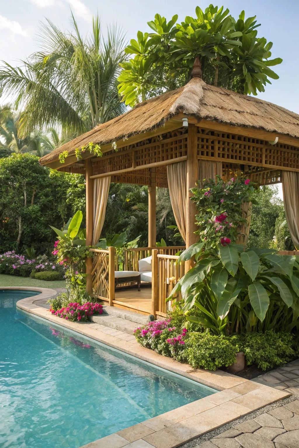 Bring vacation vibes home with a tropical gazebo setup.