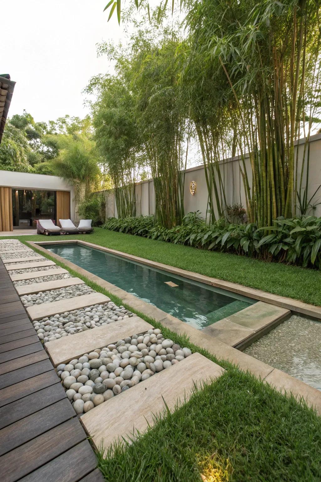 A Zen-inspired poolside with grass and natural elements.