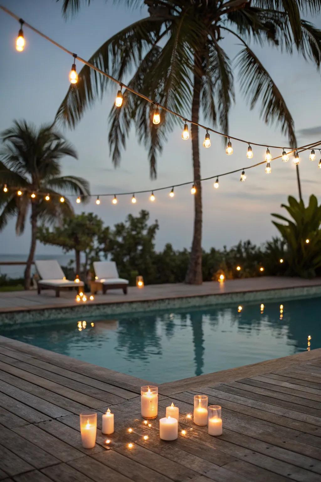 String lights add a touch of magic to the poolside at night.