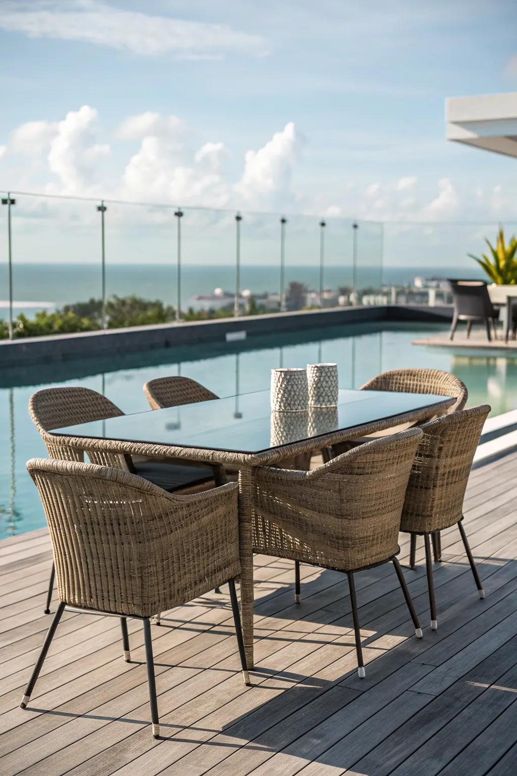 Elegant dining sets create a perfect spot for alfresco meals by the pool.